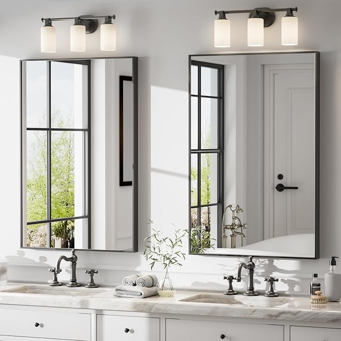 24"x36" Matte Black Rectangle Vanity Bathroom Mirror, Set of 2 | Aluminum Alloy Frame, Clear Reflection, Rust-Resistant, Vertical or Horizontal, Wall Mount, Bedroom and Entryway