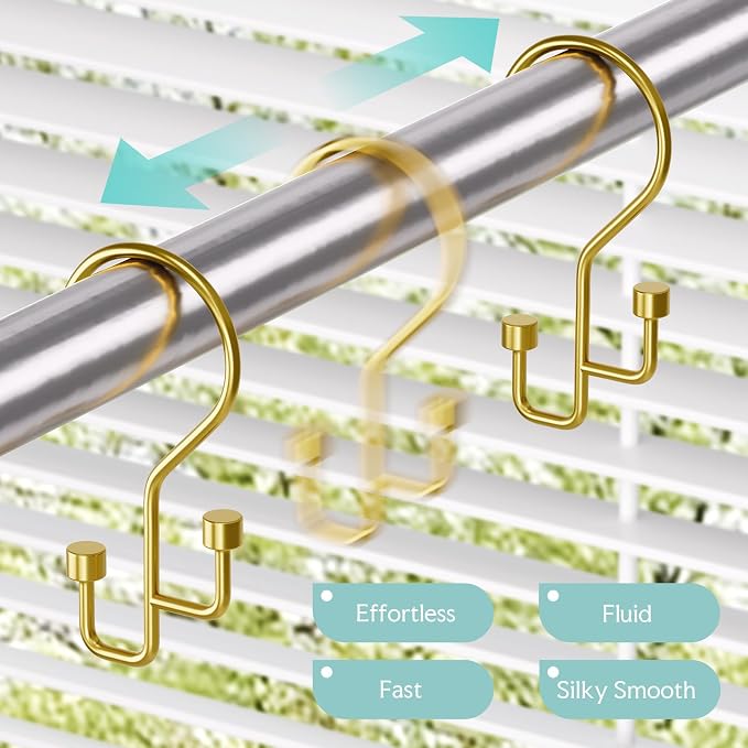Bathway 12-Pack Double Shower Curtain Hooks, Rust-Resistant Metal Shower Curtain Rings with High-Low Design to Separate Liner & Curtain, Smooth Glide, Gold