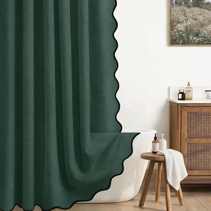 Scalloped Shower Curtain Linen Boho Flax Dark Green 72" W x 72" L | Linen Fabric, Black Border, Washable, Heavy Duty Cloth, Shower Curtain for Boho Farmhouse Bathroom Bathtub