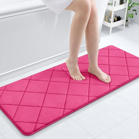 OLANLY Memory Foam Bath Mat 47x20, Ultra Soft and Absorbent Bathroom Rugs | Deep Pink, Quick Dry, Machine Washable Shower Bath Rugs, Comfortable Bath Carpet for Bathroom Floor, Tub and Shower
