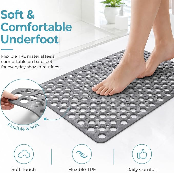 Casa and Beyond Shower Mat, Secure Shower Mats Easy to Clean, Showers Mat with Suction Cup, Washable Non-Slip Bathtub Mats for Inside Showers (White,27.6 * 15 in)