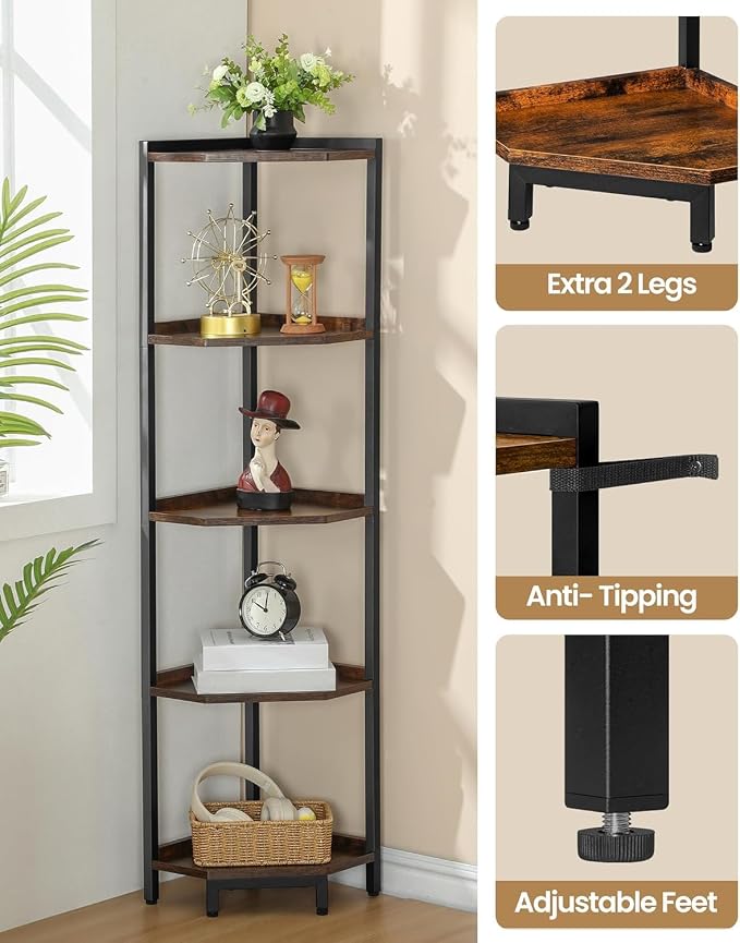 Hzuaneri Corner Shelf Stand 5-Tier Corner Bookshelf Storage Standing Shelf | Bookcase Plant Stand with Metal Frame for Living Room, Home Office, Bedroom, Black CS05901B