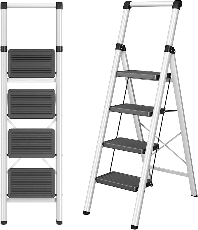 4 Step Ladder, Folding Step Stool with Wide Anti-Slip Pedal, Soft Grip Handle & Non-Slip Feet, Sturdy Steel Ladder with 600 lbs Capacity for Home, Kitchen & Office, Black Grey