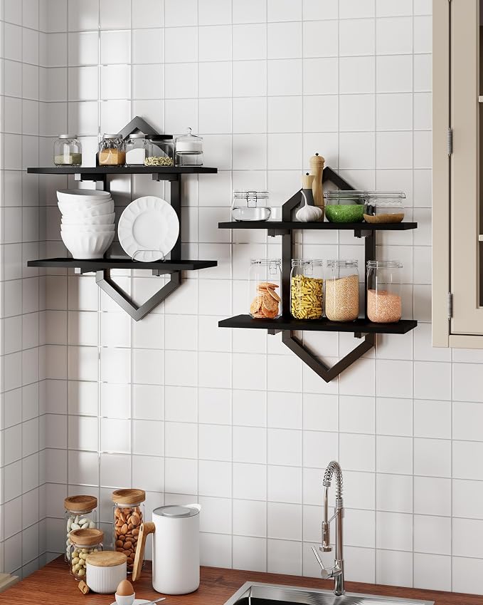 Floating Wall Shelves, Set of 2 Decorative Geometric Shelf for Home Decor | 2-Tier Wall Mounted Display Shelves for Bedroom, Living Room, Office & Kitchen, Modern Storage Rack for Books, Plants & Decor