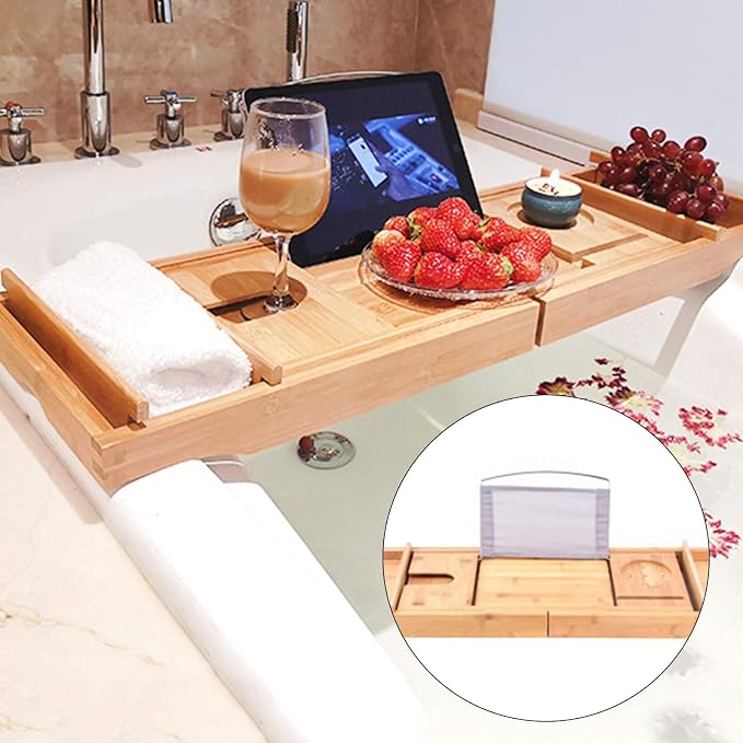 Bath Caddy Tray Bamboo Bathtub Tray Caddy Expandable with Wine Glass Holder and Book Stand