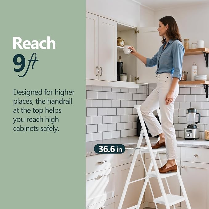 4 Step Foldable Step Stool with Handrail, 330lbs Load, White | Folded 58'' H x 3'' T; Net 14.8 lbs; Anti-Slip Feet Grip Wood, Tile, Carpet; Wide Pedals; For Shelves, Repairs.