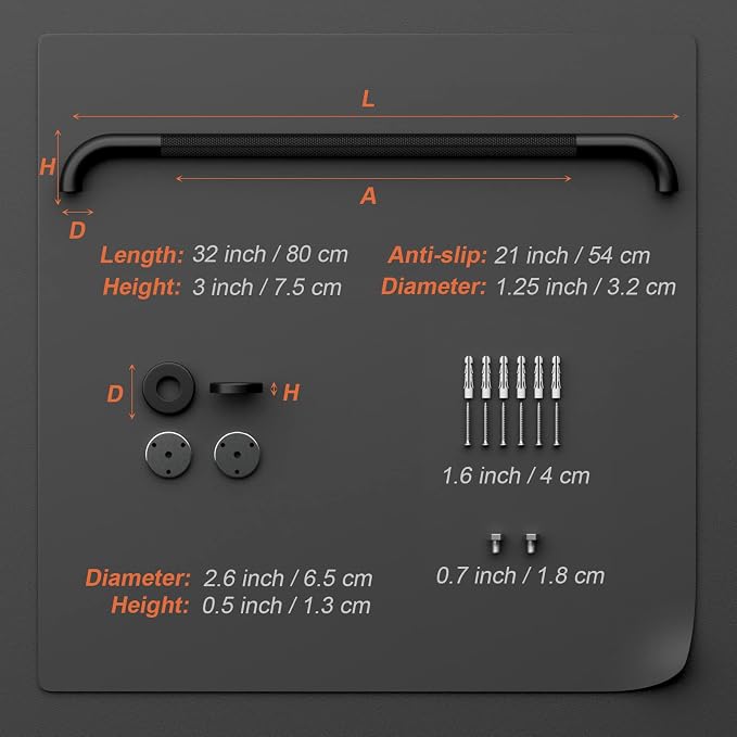 Black Safety Bar 32 Inch, Shower Grab Bar for Senior | Anti-Slip Knurled Grip, 1.25" Diameter, Stainless Steel Bathroom Handrail for Elderly, Handicap Support Bars, Wall Mounted