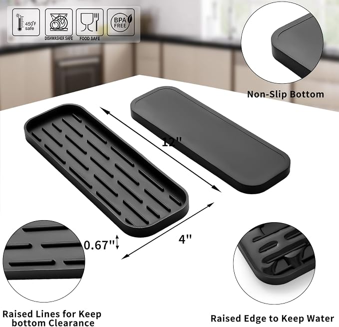 MicoYang Silicone Kitchen Sink Organizer Tray for Multiple Usage,Eco-Friendly Sponges Holder for Kitchen Bathroom Counter or Sink,Dish Soap Dispenser,Scrubber,Bottle,Cup (Black, 12"×4")