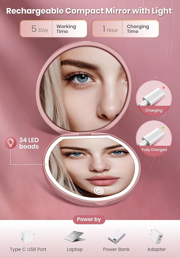Compact Mirror with Light, Rechargeable 40X Magnifying Mirror with 3 Lighting Modes & Dimmable Brightness, Portable Travel Makeup Mirror; Essentials for Travel, Pocket, Purse Gifts Rose