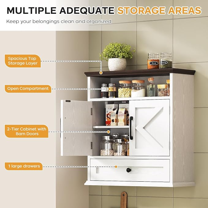Bathroom Wall Cabinet, Wall Mounted Medicine Cabinet 24.4"H x 23.6"W x 9"D | With Drawer, Barn Doors & Adjustable Shelf, White Over Toilet Farmhouse Storage Cabinet for Kitchen, Laundry Room, Entryway