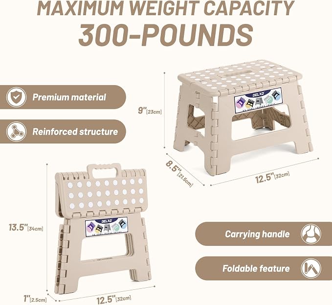 Delxo 9 Inch Kids Step Stool,300 Lbs Folding Step Stool for Toddler Khaki | Foldable Step Stool,Non-Slip Foot Stools with Handle, Lightweight Collapsible Stool for Kitchen,Bathroom,Bedroom,Garden