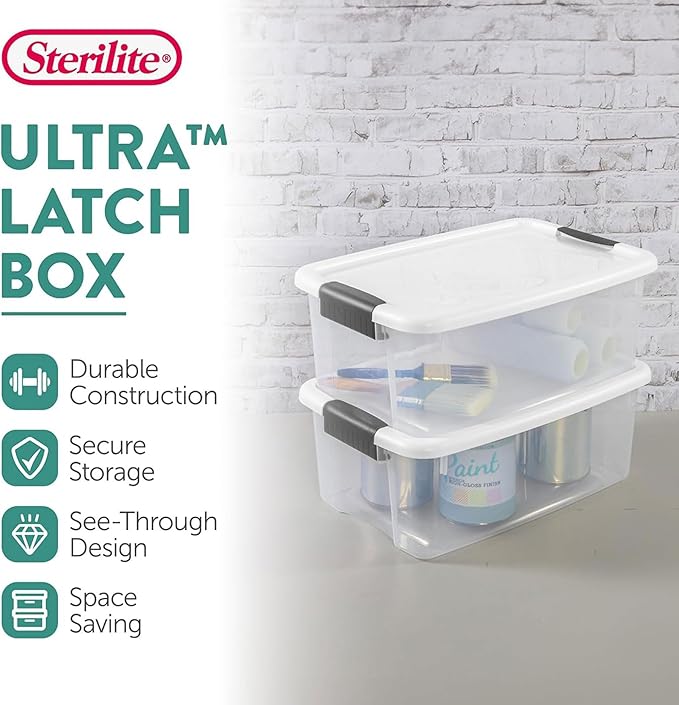 Sterilite 18 Qt Ultra™ Latch Box, Durable Clear Storage Bin w/ Lid, 6 Pack | Heavy-Duty and Stackable Plastic Containers with Latches for Closet, Cabinet, Bedroom, Bathroom and Dorm Room Organization