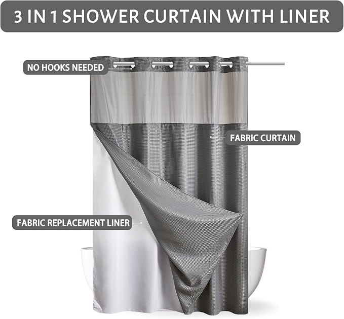 Furlinic No Hook Waffle Weave Shower Curtain with Snap in Fabric Liner,Honeycomb Textured Bathroom Curtains with See Through Top Window,Waterproof & Machine Washable,Light Grey,71x78 Inch