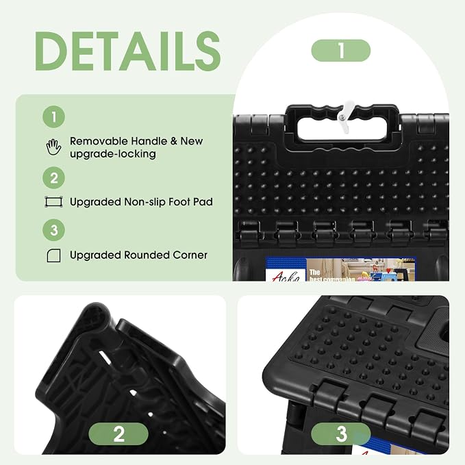 ACKO 16 Inch Folding Step Stool with Safety Lock, Holds 400 lbs, Dot Black | Portable Foldable Stools with Handle, Heavy Duty Collapsible Non-Slip Foot Stool for Adults & Kids, Kitchen Bathroom Outdoor