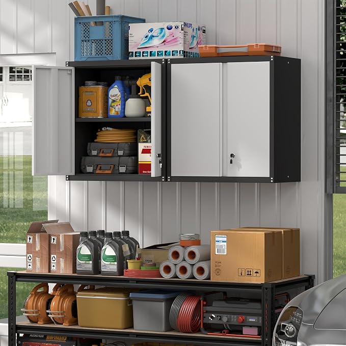 Steel Wall Cabinet, Heavy Duty Hanging Garage Storage Cabinet with Adjustable Shelf & Locking Doors, Wall Mounted Metal Garage Cabinet for Workshop, Utility Room, Shed, Black/Grey