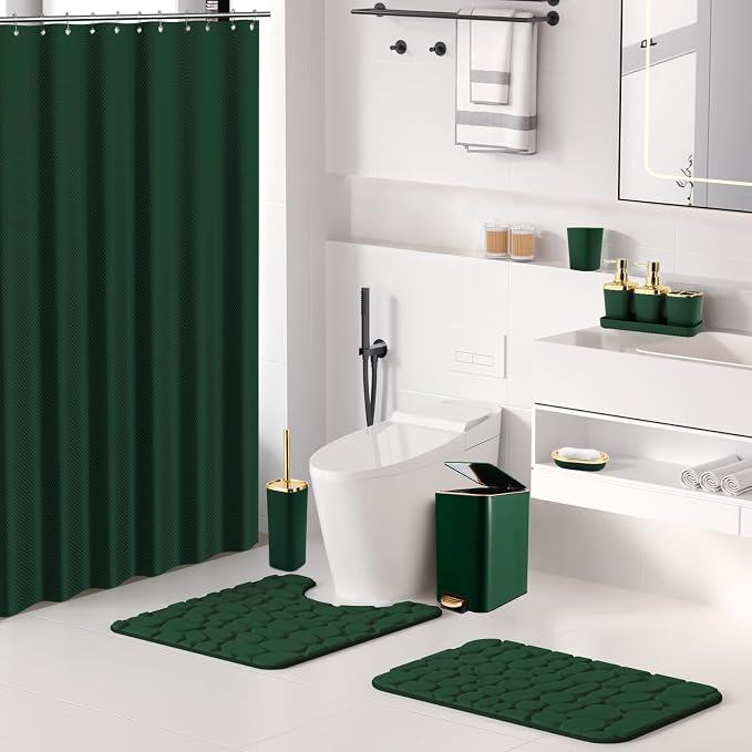 Bathroom Sets with Shower Curtain and Rugs Bathroom Accessories Set Dark Green Bathroom Set,Soap Dispenser & Toilet Brush Holder Set with Stainless Steel Trash Can(23 PCS)