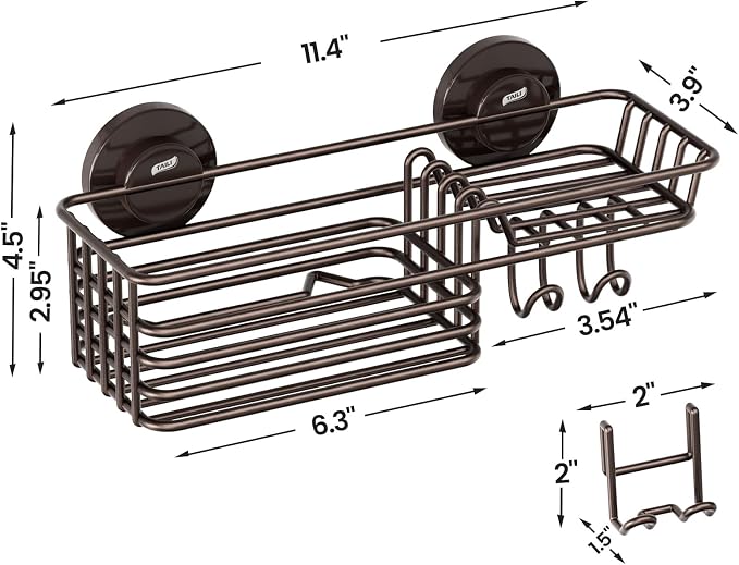 Shower Caddy Suction Cup, Heavy Duty Bathroom Organizer for Shower | Brown Shower Caddies, NO-Drilling Bathroom Holder, Shower Shelves with Hooks, Soap Holder