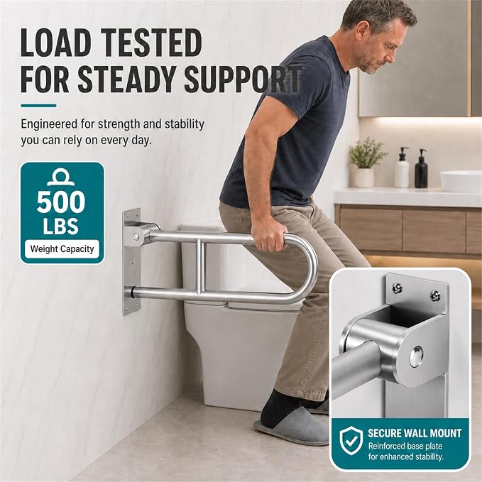 Foldable Toilet Grab Bar - 24 Inch T304 Stainless Steel Rail | Bathroom Flip Up Handle for Wall Mounted Support, Flip Up Design, Space Saving, Easy Installation