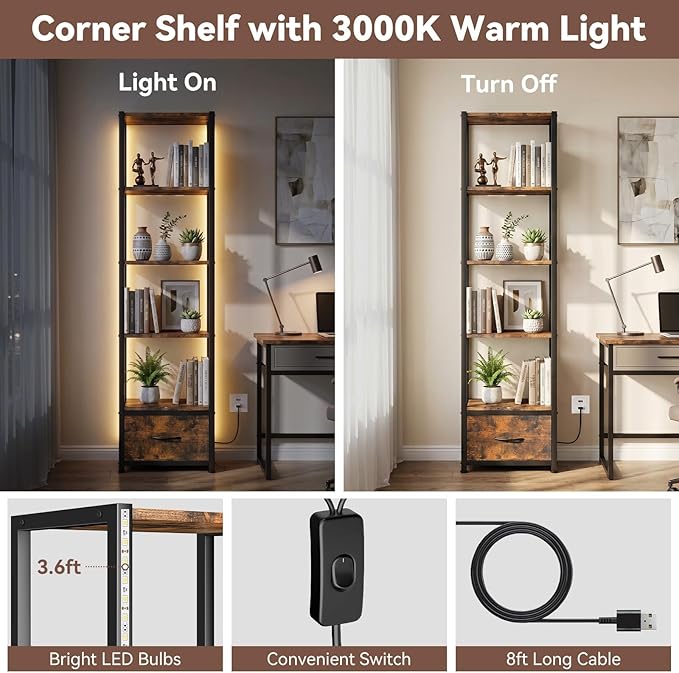 Housolution 6 Tier 60.6" Tall Bookshelf with Storage and LED Light, Brown | Narrow Corner Shelf Stand with Fabric Drawer, Bookcase Storage Organizer, Standing Shelf Unit for Small Spaces