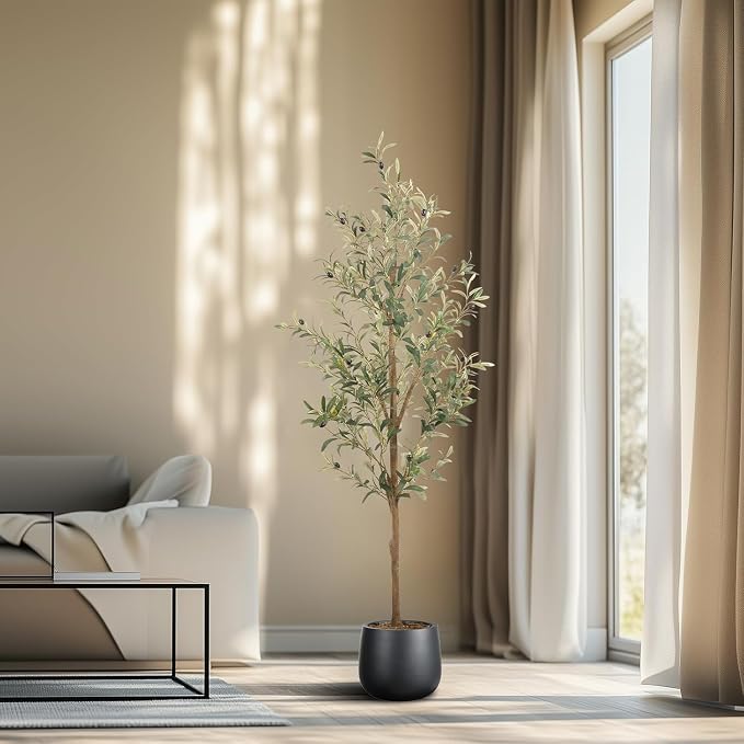 Artificial Fake Olive Tree 5FT 1Pack Faux Olive Tree for Home Decor | Faux Artificial Plants Indoor Fake Potted Plants with Natural Olive Branches and Realistic Leaves for Living Room Decor