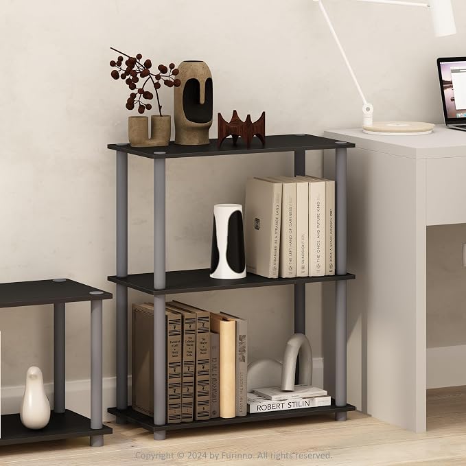 Furinno TURN-N-TUBE Storage Shelves, 3-Tier Book Shelf, Corner Shelf, Toolless Open Shelves, for Organization and Storage, Living Room, Garage, Home Office, Black