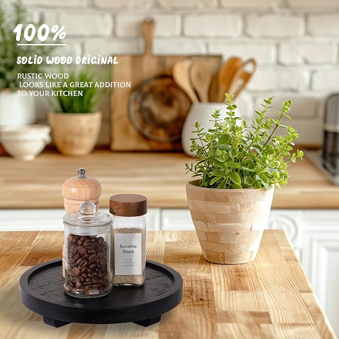 Round Decorative Tray Farmhouse Kitchen Decor Soap Dish, 8" Black | Waterproof, Lightweight, Easy Clean, Wood Riser Pedestal Stand Accessories for Office Desk, Vanity, Counter, Sink