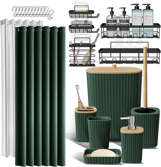 Clara Clark Bathroom Set, Shower Curtain Set and Shower Caddy Hanging | 25 Piece Hunter Green Bathroom Accessories Set with Toothbrush Holder, Soap Dispenser, Soap Dish, Toilet Brush, and Trash Can