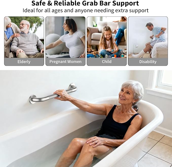 ZUEXT 20 Inch Brushed Nickel Anti Slip Shower Grab Bar with Knurled Grip | Bathroom Balance Support Rail, Assist Handle for Handicap Seniors, Wall Mount Stainless Steel Bath Safety Handrail, 1.25" Dia