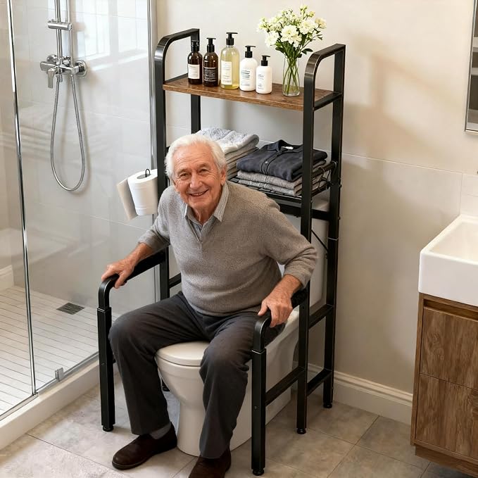 Toilet Safety Rail with Storage, Adjustable Toilet Handles for Elderly & Seniors, Handicap Bathroom Accessories, Easy Installation Bathroom Toilet Grab Bar Fit Any Toilets