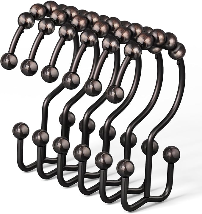DAWNER Shower Curtain Hooks Rings, Rust Proof Hooks, Metal Easy Glide Double Shower Rings Hooks, Stainless Steel Shower Curtain Hangers for Bathroom Shower Curtains, Set of 12 Hooks, Brushed Bronze