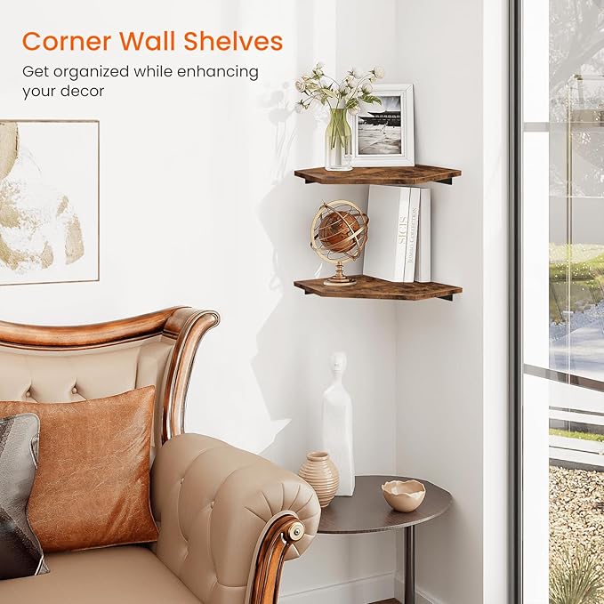 Corner Shelf Wall Mount, Set of 2 Floating Corner Shelf Organizer for TV Accessories, Speaker, Cable Box, Game Console, Storage for Bathroom Kitchen Living Room Bedroom, Rustic Brown
