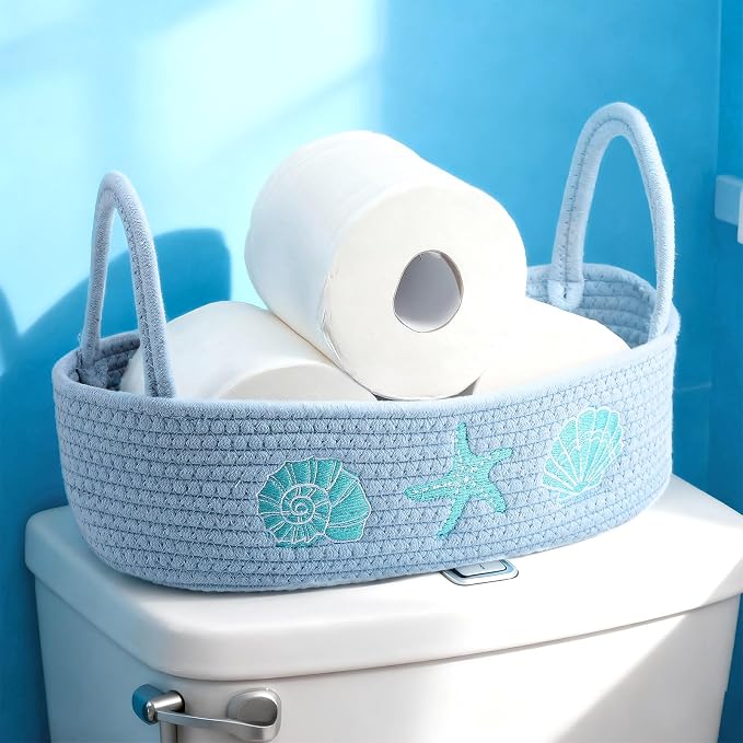 Vesici Ocean Woven Toilet Paper Basket Coastal Cotton Rope Bathroom Decor | Countertop Organizer with Starfish Seashell, Blue Bathroom Storage Decor, Toilet Closet Nursery Organizing, 13 x 6 x 4 Inch