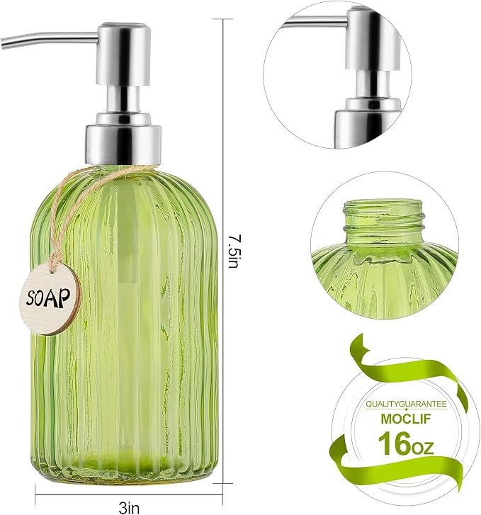 MOCLIF 16 OZ Soap Dispenser，Tempered Glass Clear Vertical Stripe with 304 Rust Proof Stainless Steel Pump Refillable Liquid Hand Soap Dispenser，for Bathroom, Kitchen, Dish Soap，Lotion (Green)