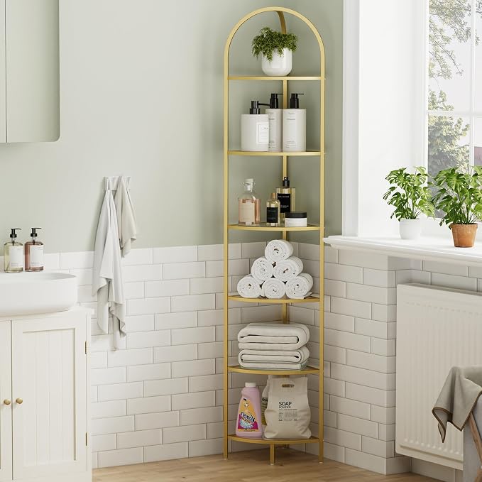 Homhedy 6-Tier Gold Corner Shelf Stand, Metal Corner Bookshelf | Display Shelf, Tempered Glass Shelves, Plant Stand, Storage Rack Shelf for Bedroom, Living Room, Home, Office, Gold