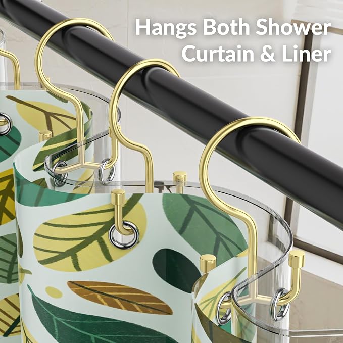 24 Pcs Shower Curtain Hooks, OEH Shower Curtain Rings, Durable Gold Shower Curtain Hooks Rust Proof, Shower Rings for Curtain, Free Sliding Anti-Drop Double Shower Hooks for Shower Curtain Rod, Gold