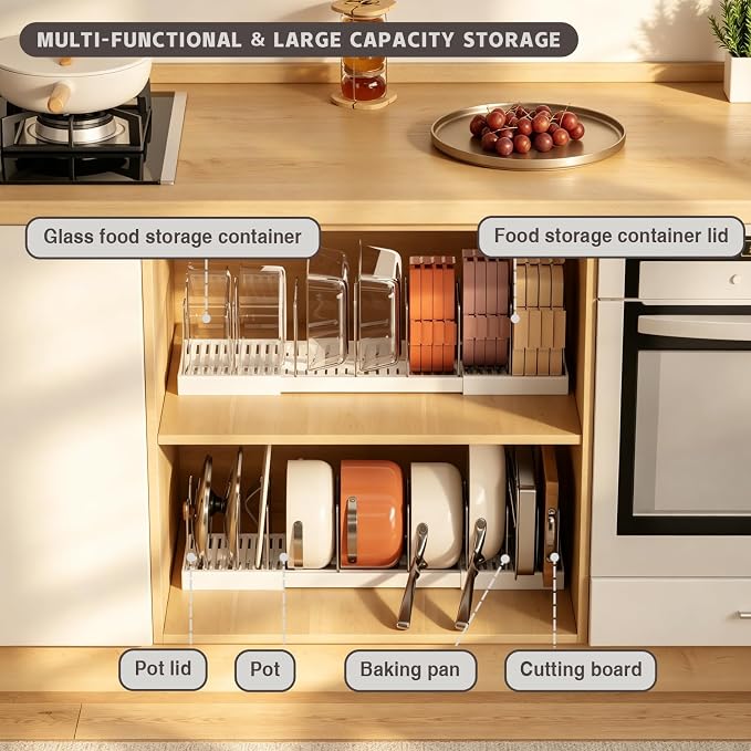 Magheo Pots and Pans Organizer Under Cabinet, Expandable 12.6"-22.8" Kitchen Cabinet Organizer Holder with 10 Adjustable Dividers for Food Storage Container Lid, Cookie Sheet, Cookware(1 Pack, White)