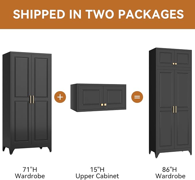 Polup 86" Tall Black Metal Armoire Wardrobe Closet with Hanging Rod | Heavy Duty Steel Clothing Storage Cabinet, 4 Doors, 180lbs Adjustable Shelves, Shipped in 2 Packages for Bedroom, Garage