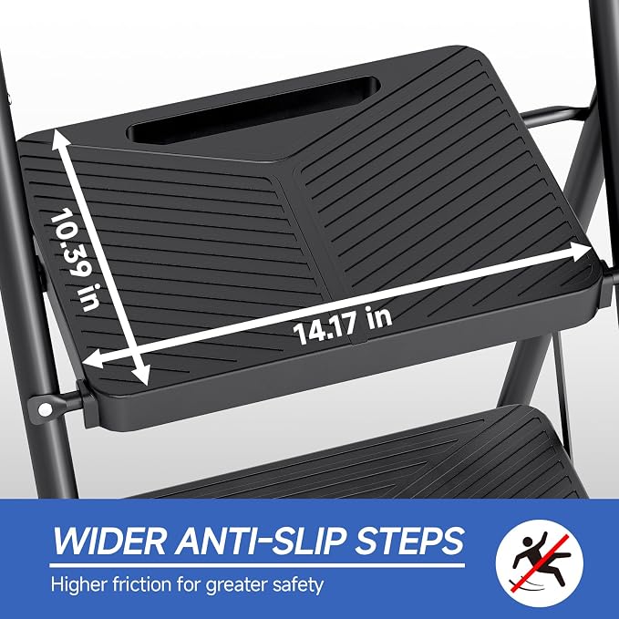 KINGRACK 2 Step Ladder, Portable Folding Ladder with Anti-Slip Pedals | Heavy Sturdy Steel Step Stool for Multi-Purpose, Home, Kitchen, Handrail, Safe-Lock Design, Pass 500lbs Load Testing, Black