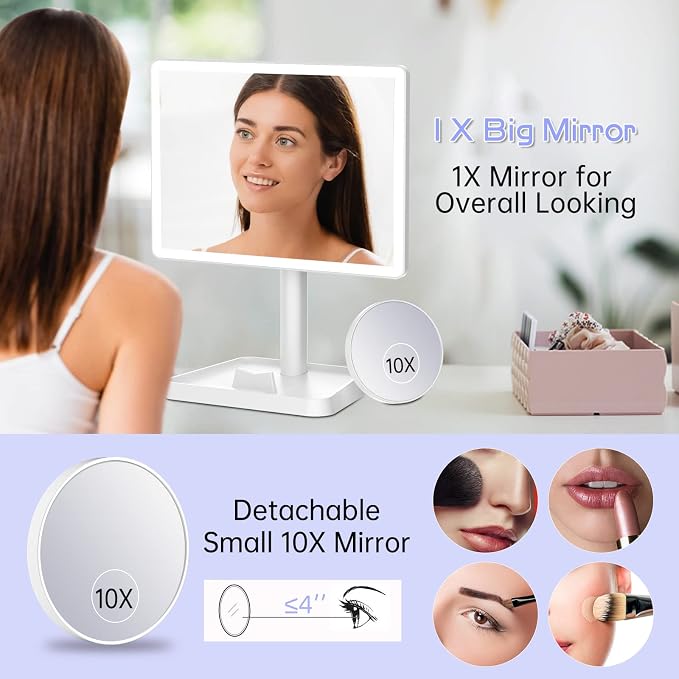 FUNTOUCH 4500mAh Large Makeup Vanity Mirror with Lights & 96 LED,White | Rechargeable Lighted Makeup Mirror with 10x Magnifying Mirror,3 Color Lighting 360°Rotation Touch Dimmable with Phone Holder