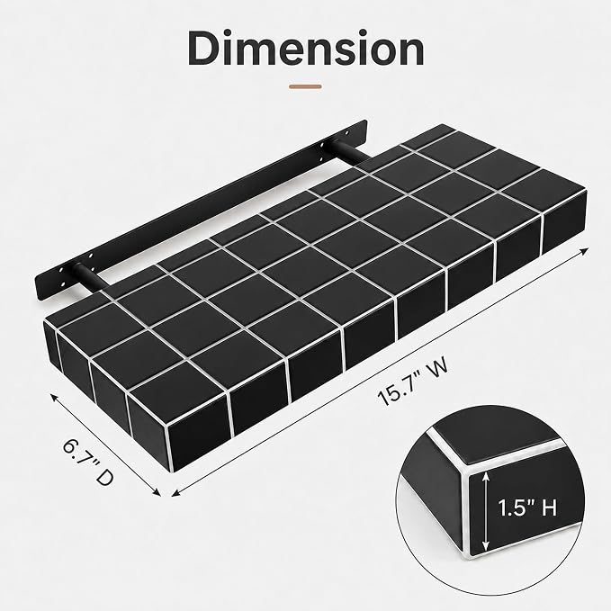Floating Shelves, Set of 2, Black with White Lines | 15.7"W x 6.7"D x 1.5"H, set of 2, 25 lbs per shelf, 3D tile texture, splash-resistant, ~30 min assembly.