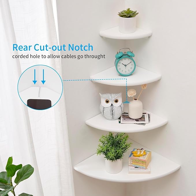 Corner Shelves, Floating Corner Shelf, Set of 2 Solid Oak Wood Wall Shelves, Round End Wall Mount with Wire Hole Shelving for Small Plant for Bedroom Kitchen, Living Room White
