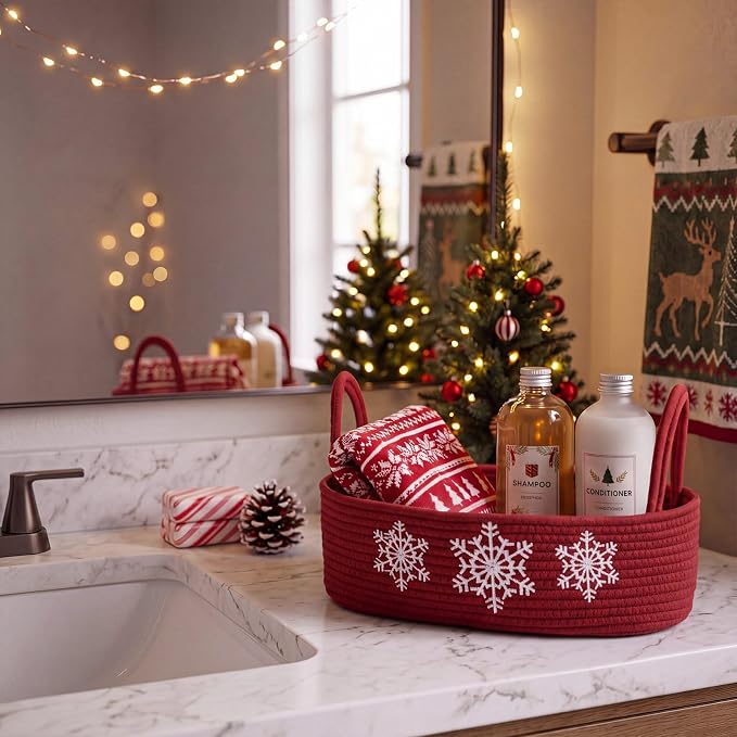 Vesici Snowflake Woven Storage Basket for Toilet, Christmas Bathroom Decor | Cotton Rope Woven, Snowflake Winter Burgundy Red Decor, Holds Toilet Paper, Bathroom Countertop or Tank Top, 13 X 6 X 4 Inch