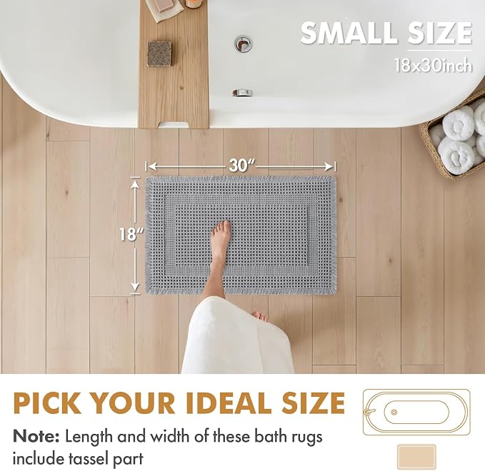 MIULEE Set of 2 Waffle Bathroom Rugs Light Grey Boho Bath Mat 18x30 in | Looped Design, Super Absorbent, Non Slip, Washable, Ultra Soft, Rubber Backed, Bathroom Mats for Floor Tub Shower