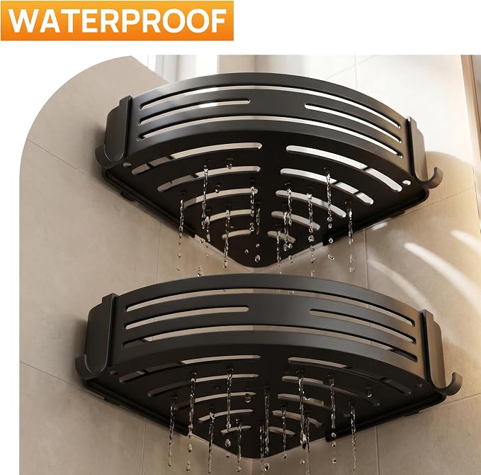 Black Adhesive Corner Shower Caddy 2-Pack, Triangular Shelves | No-drill black triangular shelves for smooth tile, glass and stainless steel shower walls, made for corner bathroom storage
