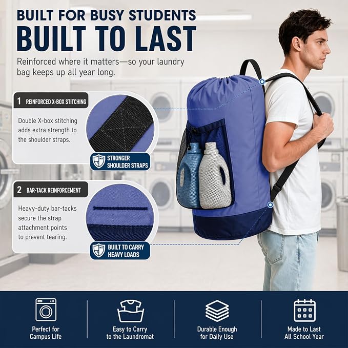 Backpack Laundry Bag, Durable polyster Laundry Backpack Bag with Shoulder Straps, Drawstring Closure & Mesh Pocket, Large Clothes Hamper for Dorm, Travel, Laundromat (Blue)