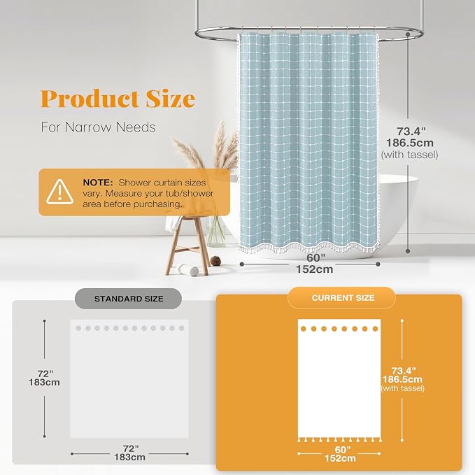 60x72 Boho Farmhouse Linen Heavy Duty Shower Curtain Set, Fog Blue | Narrow Size, 330GSM Linen Blend, 3-side Tassels, Water Repellent Fabric, 10 Plastic Hooks, Rustic Bohemian, Machine Washable