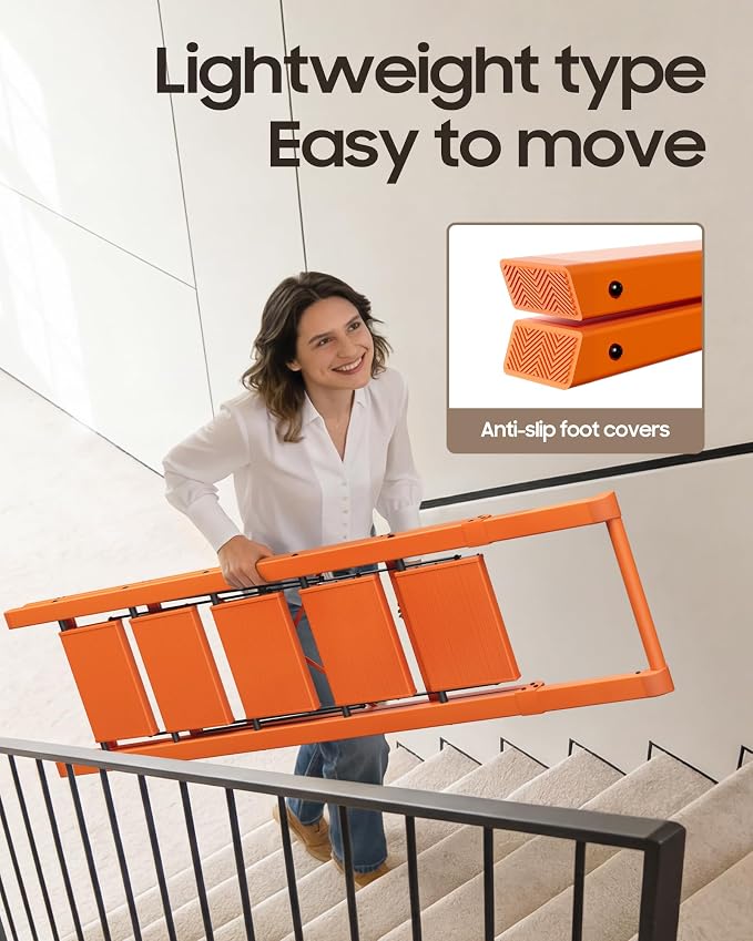 HillhutApex Aluminum 5 Step Ladder, Step Stool Foldable Ladder(Orange) | Anti-Slip Pedals,330lbs Capacity,Lightweight Folding Ladders for Home,Office,Libaray