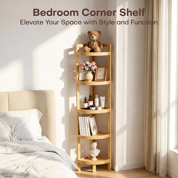 2026 New Bamboo Standing Shelf, 5 Tier Corner Shelf Stand, Free-Standing Shelf Units, Triangular Curved Corner Shelf Stand for Space-Saaving Display Ideal for Bathroom/Kitchen/Living Room Storage