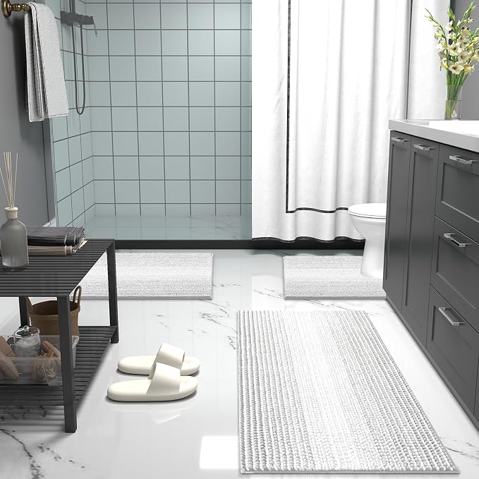 OLANLY Bathroom Rugs 36x24, Soft Chenille Striped Bath Rugs, Light Grey | Extra Absorbent, Rubber Backing, Machine Wash Dry, Bath Mats for Bathroom Floor, Tub and Shower, Home Decor Accessories