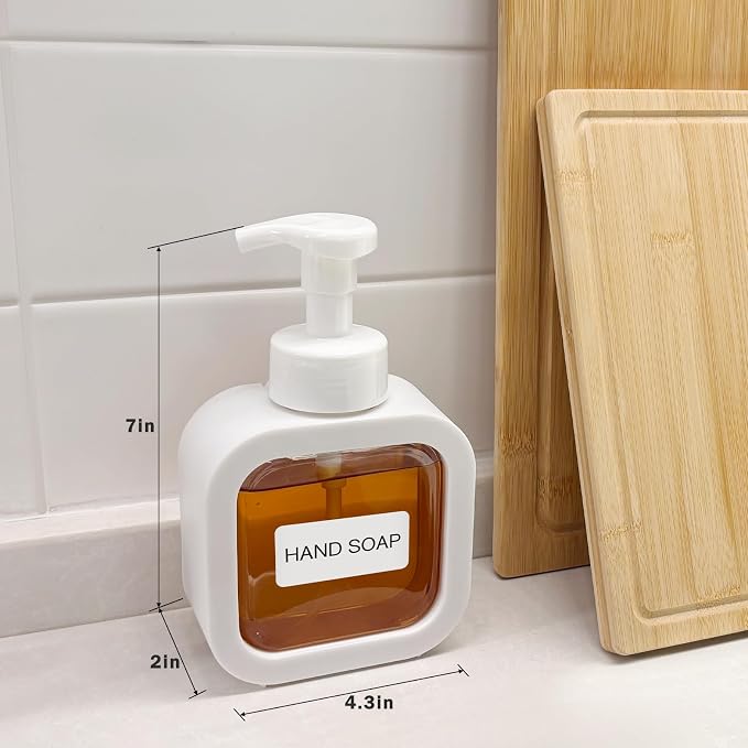 Foaming Soap Dispenser, 300ml (10oz) Plastic Refillable Foaming Hand Soap Dispenser with 8 Pcs Waterproof Labels, Foam Pump Bottle for Bathroom and Kitchen (White)